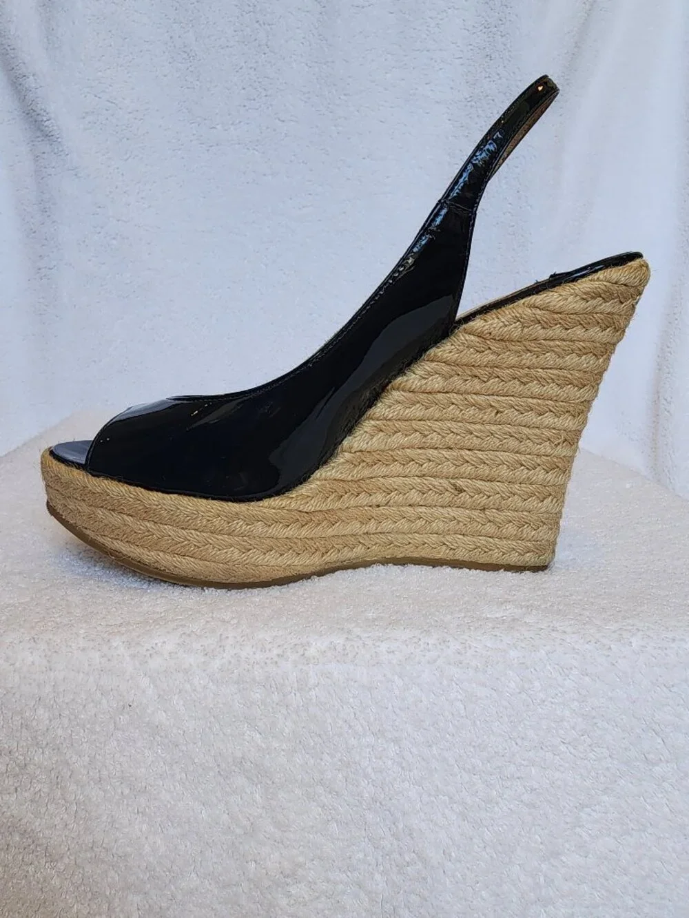 Jimmy Choo Navy Patent Leather Peep Toe Slingback Espadrille Platform Wedges
